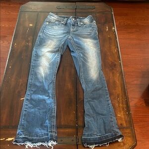 Stylish Blue Flare Jeans with Frayed Hem